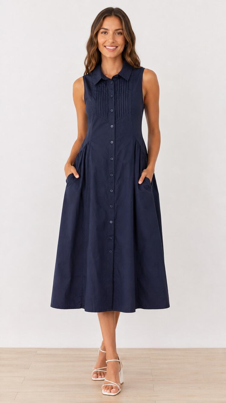Maye Corrine Sleeveless Midi Shirt Dress Navy Blue Pintuck Womens Size Medium